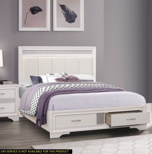 Modern Glam White Finish 1pc Queen Platform Bed with Drawers Storage Upholstered Headboard Silver Glitter Accent Wooden Bedroom Furniture Modern Glam White Finish 1pc Queen Platform Bed with Drawers Storage Upholstered Headboard Silver Glitter Accent Wooden Bedroom Furniture