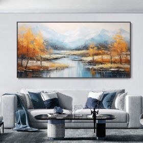 Hand Painted Oil Painting Original Snowy Mountain Canvas Oil Painting Custom Autumn Forest Wall Art Abstract River Landscape Painting Modern Living Ro (Style: 1, size: 70x140cm)