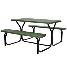 All Weather Outdoor Picnic Table Bench Set with Metal Base Wood (Color: green)