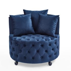 Velvet Upholstered Swivel Chair for Living Room, with Button Tufted Design and Movable Wheels, Including 3 Pillows (Color: Blue)