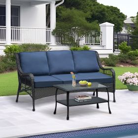 3 Seater Outdoor Sectional Furniture Sets Sofa with Coffee Table (Color: Navy Blue)