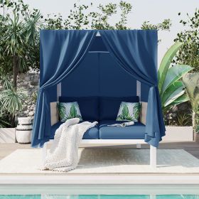 Outdoor Patio Sunbed with Curtains, High Comfort, Suitable for Multiple Scenarios (Color: Blue)