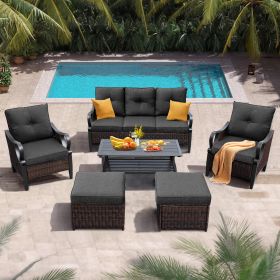 6 Pcs Outdoor Sectional Sofa With Reclining Backrest, Ottomans, Black Cushions (Color: Brown+Black)